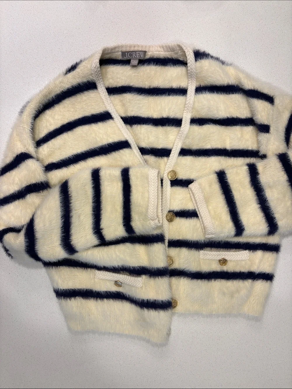 J. Crew Cream and Navy Striped Fuzzy Cardigan with Gold Buttons